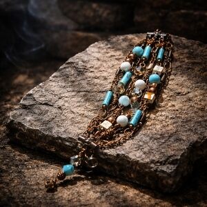 Hand Made Multi-Strand Turquoise & Cream Beaded Bracelet